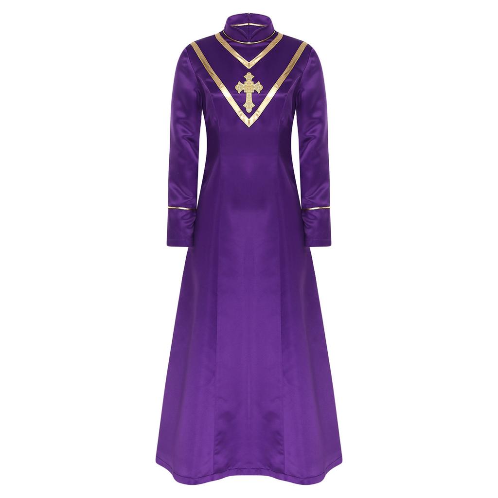 Womens Priest Cleric Cassocks Embroidered Cross Long Sleeve Back Zipper Long Robe