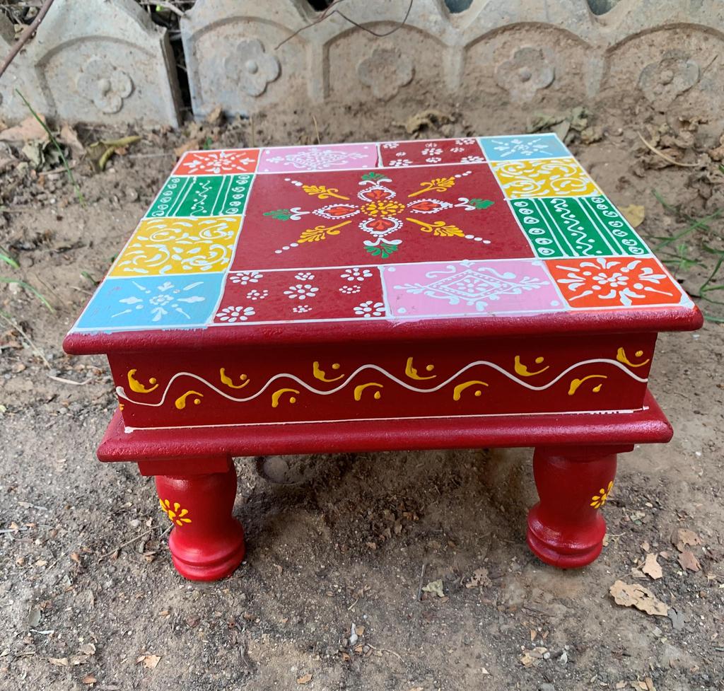 Hand Painted Wooden Chowki | Traditional Indian Pooja Bajot | Colorful Folk Art Decor