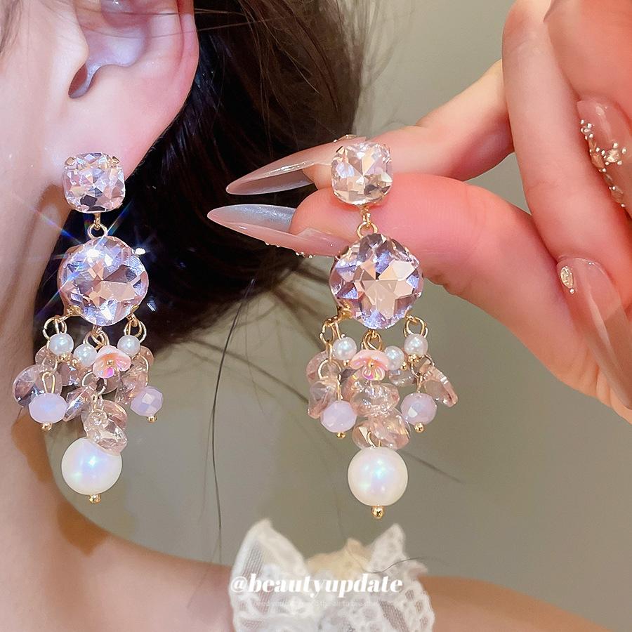 Silver Needle Dopamine Rhinestone Glass Pearl Resin Fringed Stud Earrings Ins Premium Sweet Niche Earrings