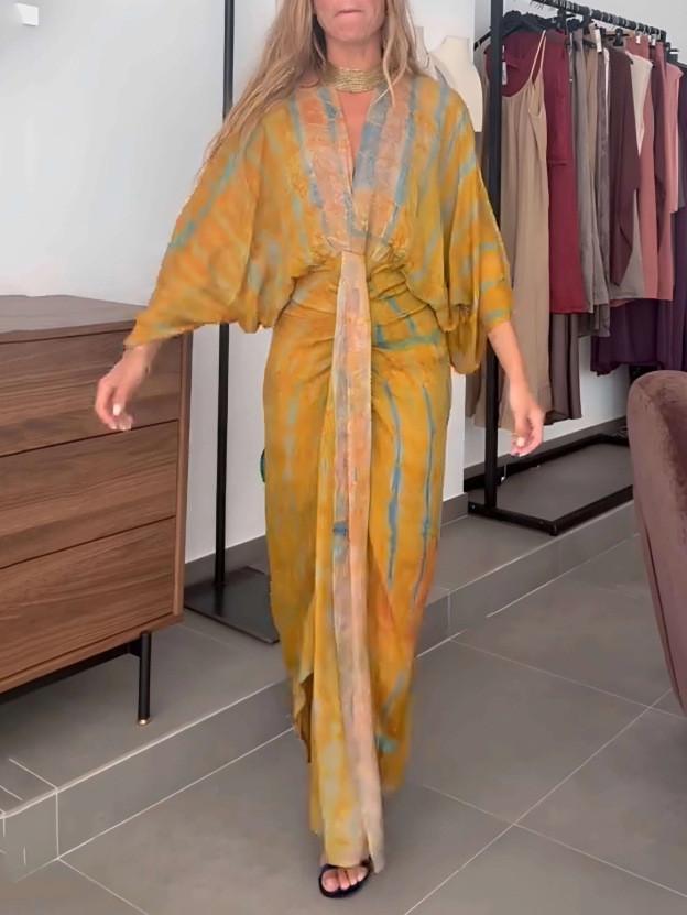Bohemian Print Long Dress With Tie Waist For Casual Fall Autumn Wear