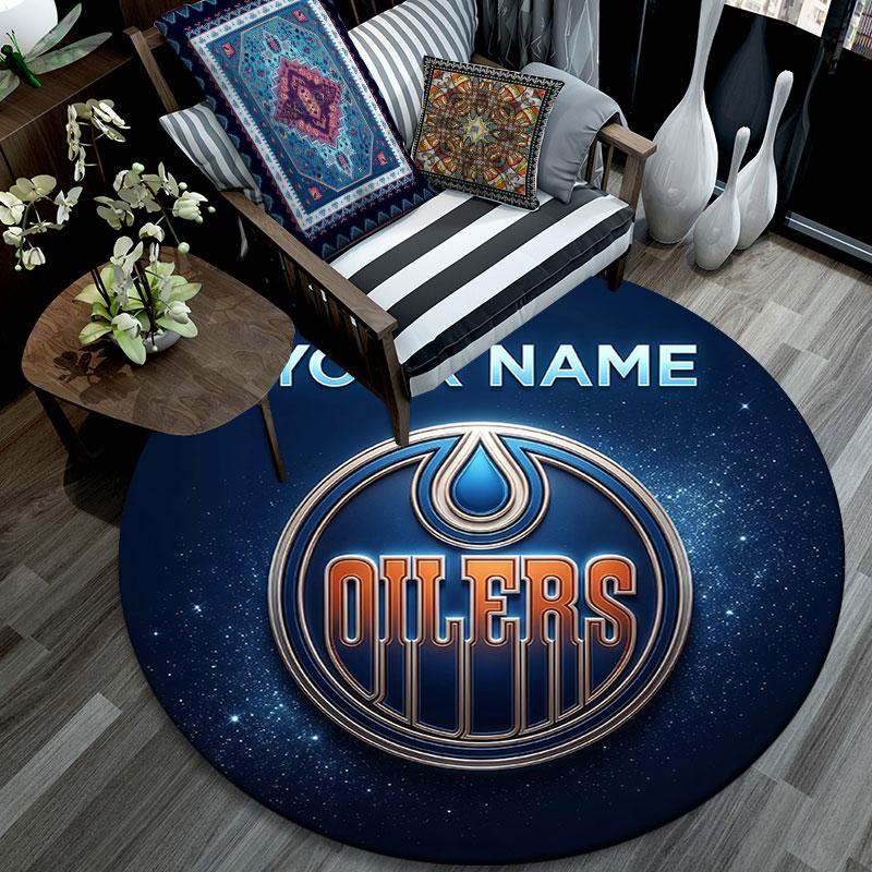 Custom Name,Edmonton Oilers pattern round rug,Carpet Rug for Living Room Bedroom Playroom ,Non-slip Floor Mat,Holiday Gifts and Birthday Gifts.
