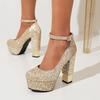Sequin Gold Pumps Women Bling-bling Glitter Silver High-heels Shoes Lady Thick Heels Platform Buckle Shoes Wedding Party