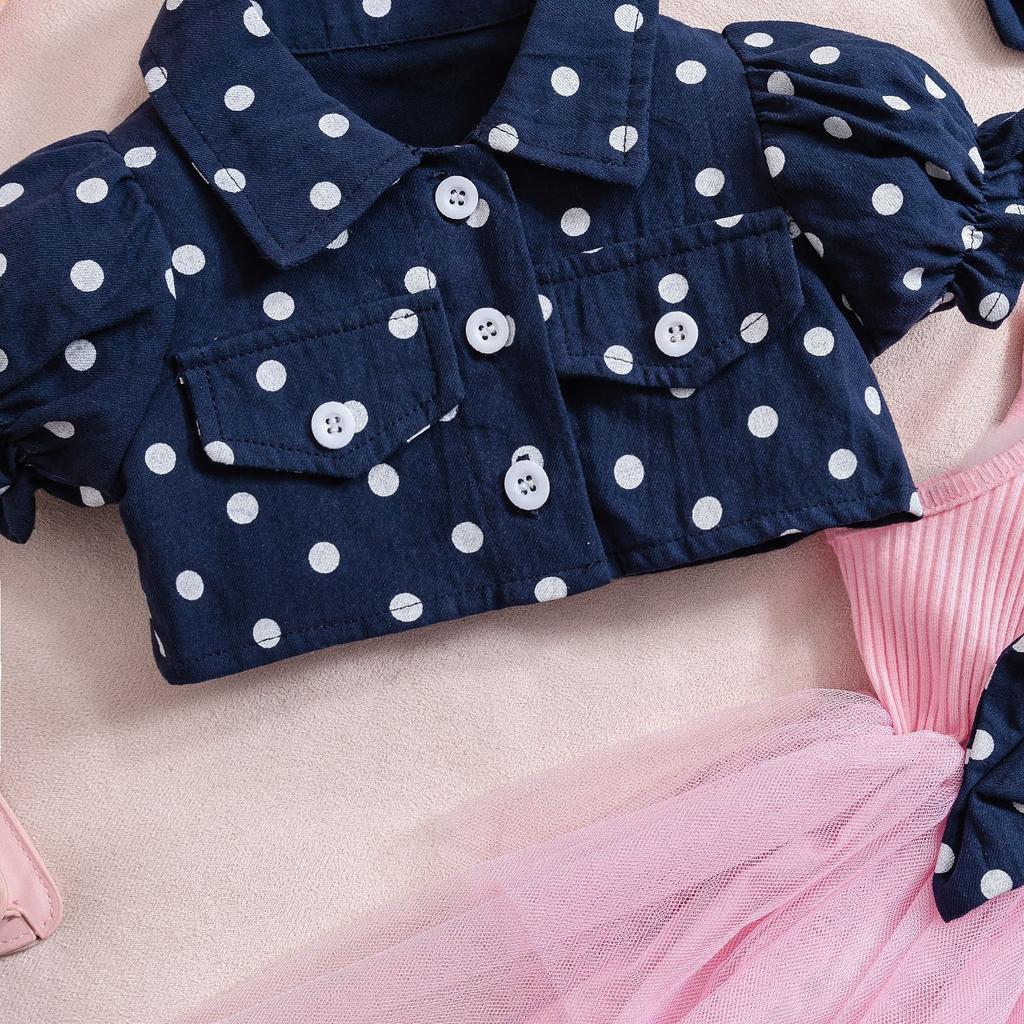 6M-3Y Children's Polka Dot Lapel Bubble Short-sleeved Jacket + Halter Bow Saree Girls Skirt Suit