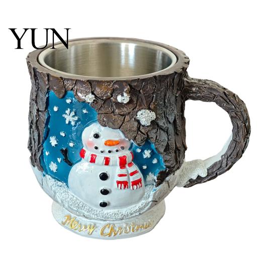 Christmas Party Supplies Theme Mug with Stainless Steel Liner, 3D Relief Hand Resin Coffee Cups Painted Cup, Decorative Drinkware for Holiday Festive