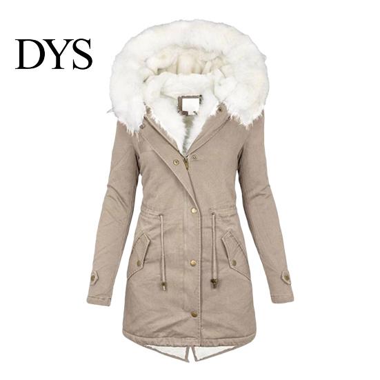 Long Down Jacket Women Winter Cotton Coat Plus Size Faux Fur Hood Fleece-lined Zip-up Temperature Locking Press Button Closure Windproof Mid
