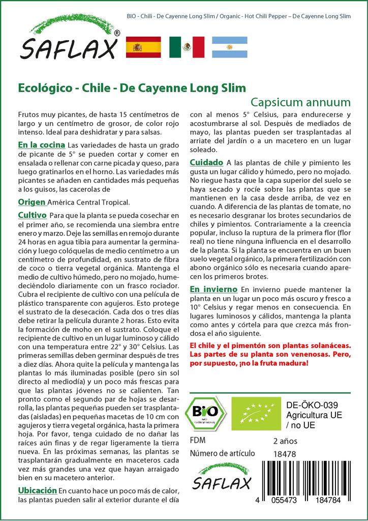 SAFLAX Garden in the Bag - Органический - Острый перец чили - De Cayenne Long Slim - 10 семян - С субстратом в подходящем пакете - Capsicum annuum