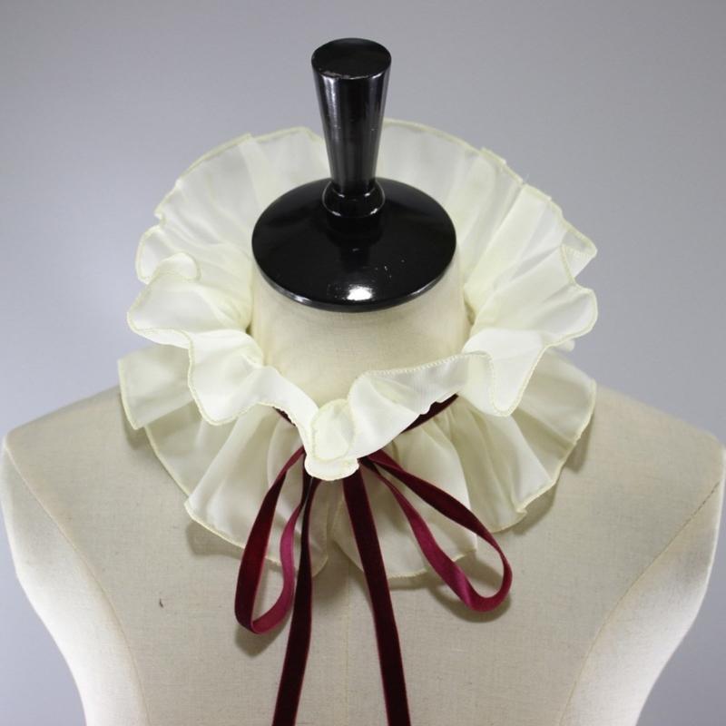 Women Vintage Princess Fake Collar Gothic Black Faux Leather Ruffled Floral Lace Choker Necklace Victorian Neck Ruff