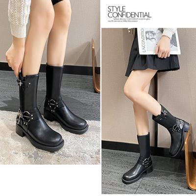 618-2 Ботильоны с круглым носком, кожаные, с пряжкой, на толстом каблуке и толстой подошве, в западном стиле, средней длины, рыцарские ботинки Мартин, женские, летние