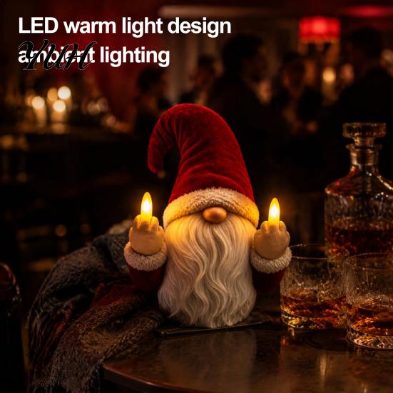 Winter Holiday Atmosphere Lighting Lighted Gnome Ornament, Christmas Statue with Light Up Middle Fingers, Tabletop Festive Table Centerpiece