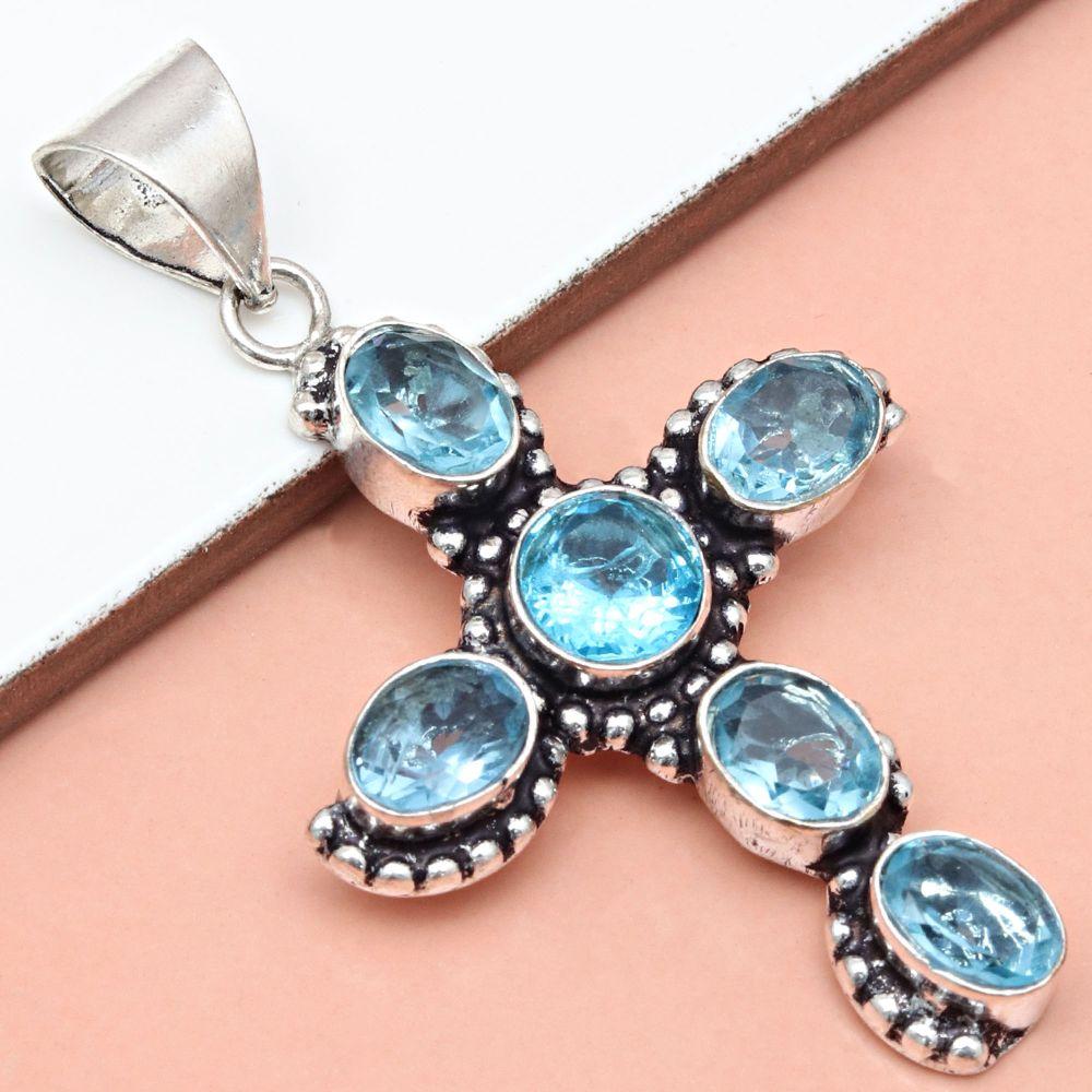 Pendant Swiss Blue Quartz Gemstone Gift For Her Silver Jewelry 2.25"