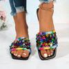 European and American Flat-bottomed Sequined Cool Slippers Women's 2025 Summer New Square Head Outer Wear Large Size 4344 One-word Slippers