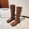 Ins Style Metal Buckle Real Leather Women Motorcycle Boots Vintage Autumn Winter Gothic Platform Knee-high Boots Shoes
