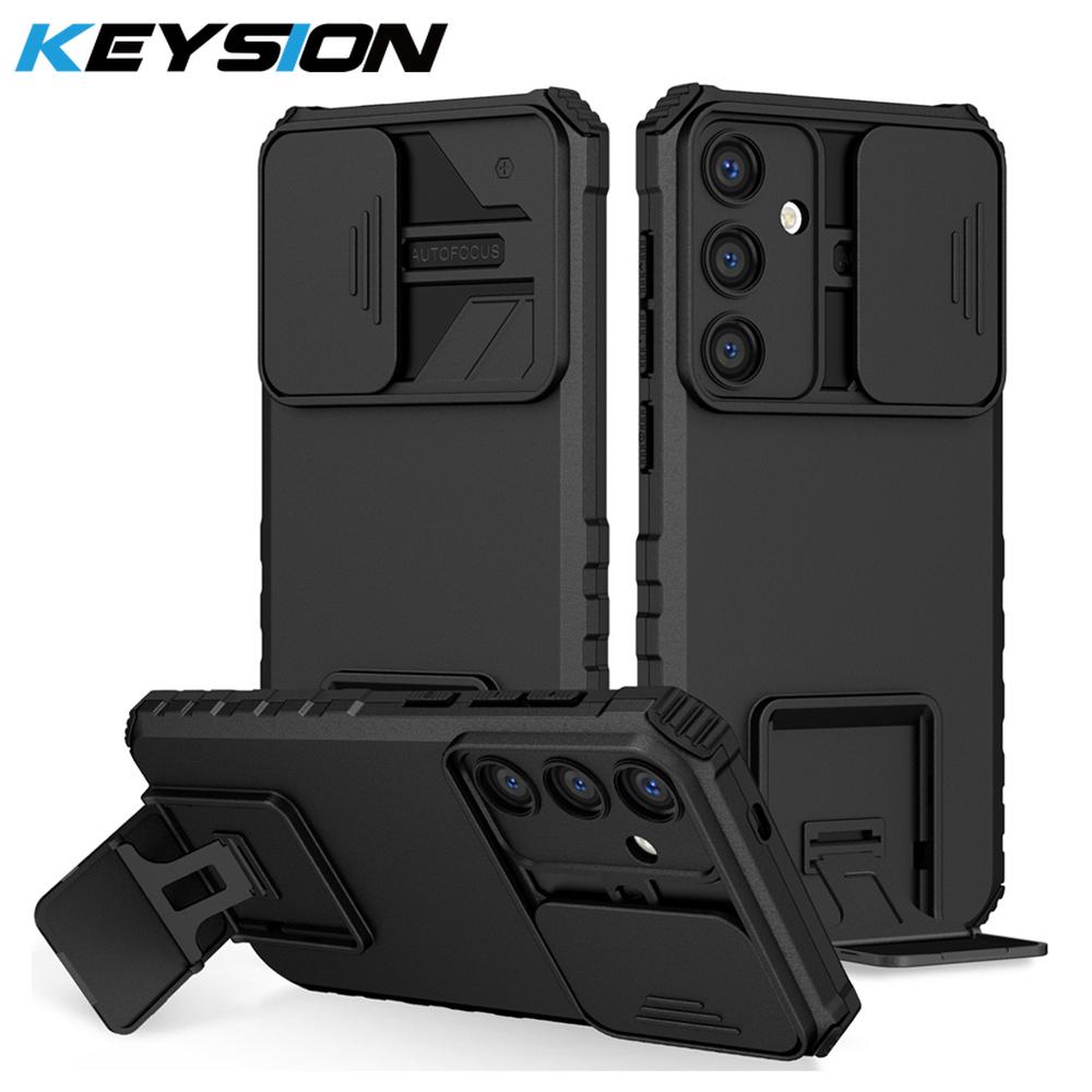 KEYSION Shockproof Case for Samsung S25 Ultra 5G S25+ Plus Slide Camera Lens Protection Live Stand Phone Cover for Galaxy S24 FE 5G
