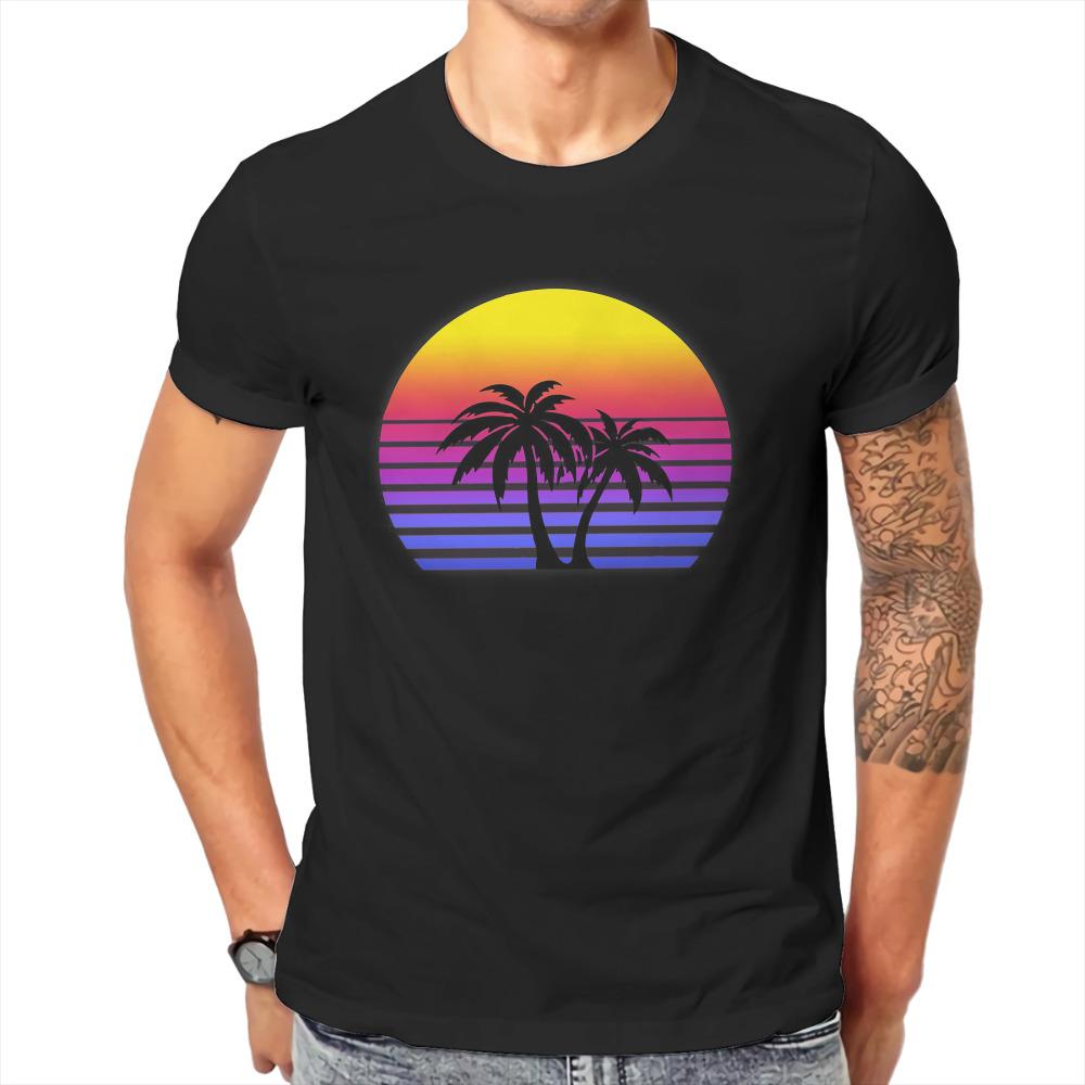 Beach Summer Sea Tshirt For Unisex Synthwave Sun Palm Trees Essential Soft Leisure Tee T Shirt High Quality Trendy Fluffy