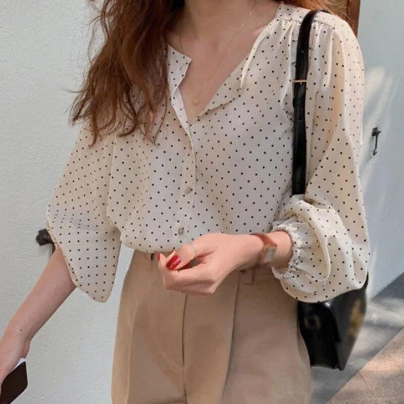 Женские однобортные свободные шифоновые блузки с длинным рукавом в горошек и круглым вырезом для отдыха, рубашки