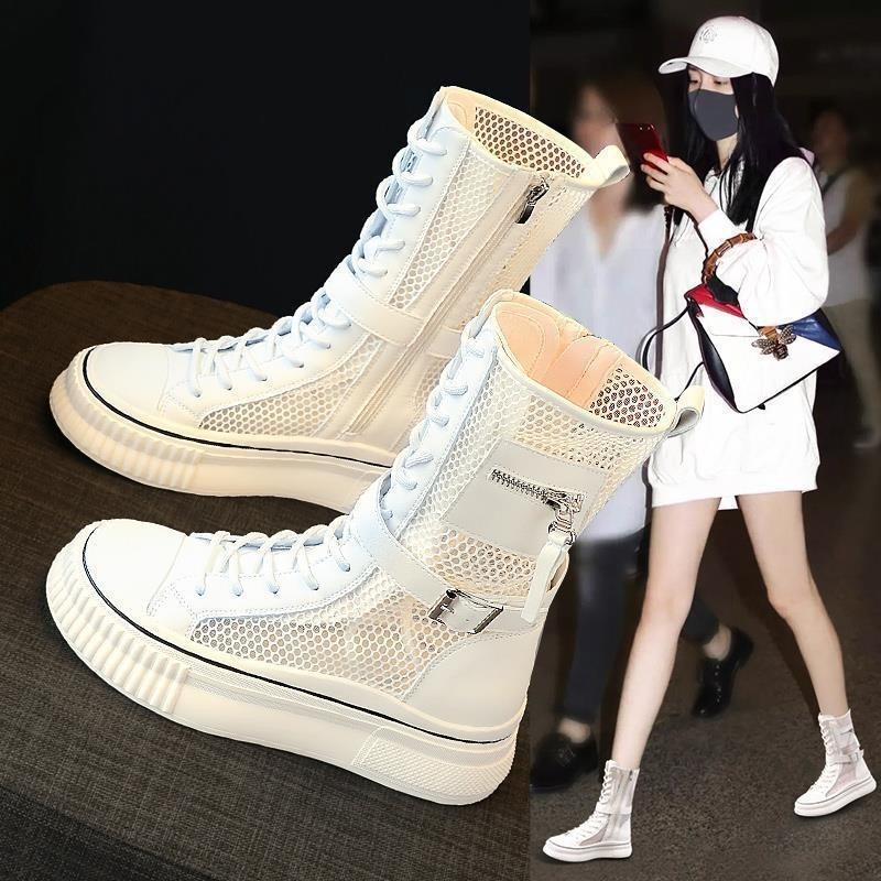 Модные летние ботинки для женщин Модные высокие повседневные ботинки на платформе Дышащие сетчатые ботинки с вырезами для женщин До середины икры Ботинки Кроссовки
