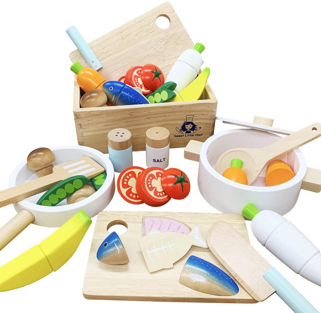 Alex Sanga Quickly Cut Pretend Wooden Magnet Compliant with Food Hygiene Inspection Kitchen Stove Fish Grill Play and Clean Up Set (Cooking CK)