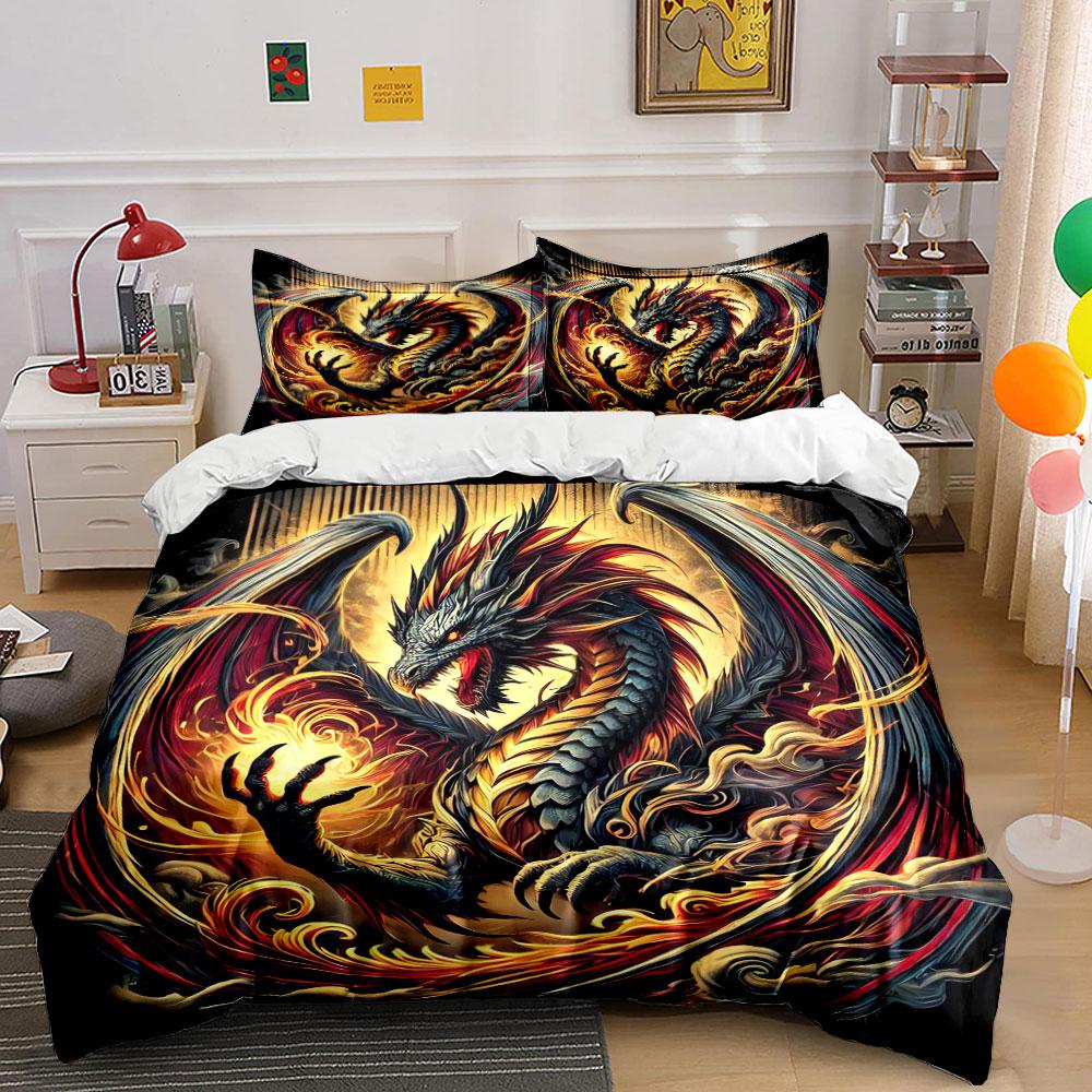 Fiery Dragon Art Set Decor Bedding Set with 1 Duvet Cover 2 Pillowcases Single Double King Queen, Gift