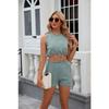 Summer Solid Colour Round Neck Vest Tank Top Drawstring Pocket Shorts Set for Women