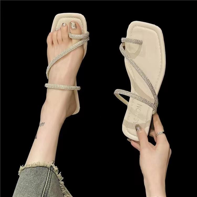 2025 лето новые большие размеры со стразами носок квадратный низ крутые тапочки женские модные крутые тапочки женские
