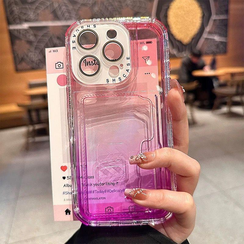 Colorful Bright Gradient Card Slot Wallet Clear Case For iPhone 16 Plus 15 14 13 12 Pro Max Candy Color Bumper Soft TPU+PC Cover