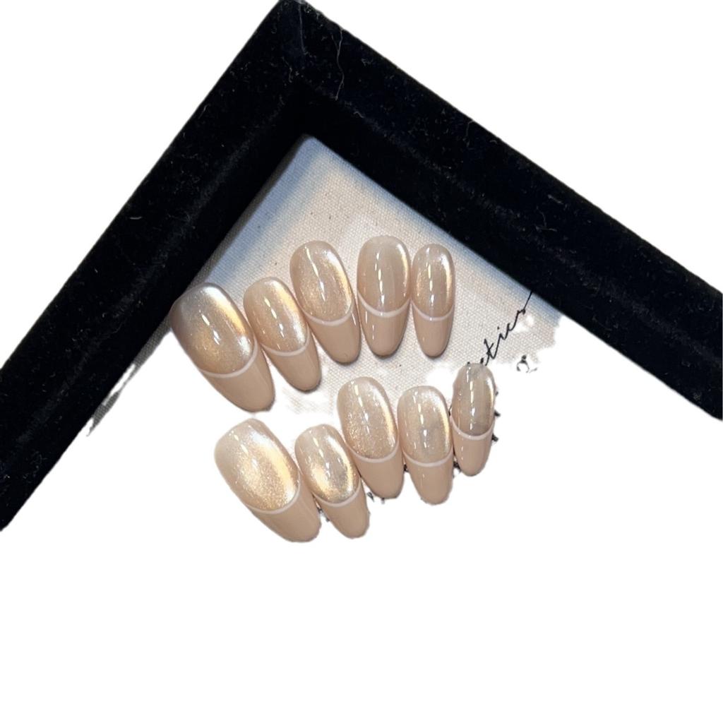 New High-end Gray French Light Bulb Cat Eye Wear Armor Short Style Nude Color Whitening Manicure Removable Nails