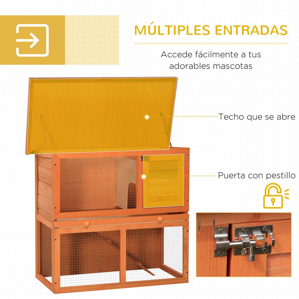 Rabbit Hutch, Wooden, 90 x 45 x 80 cm, Metal Run, Asphalt Roof, Tray and Ramp, Natural