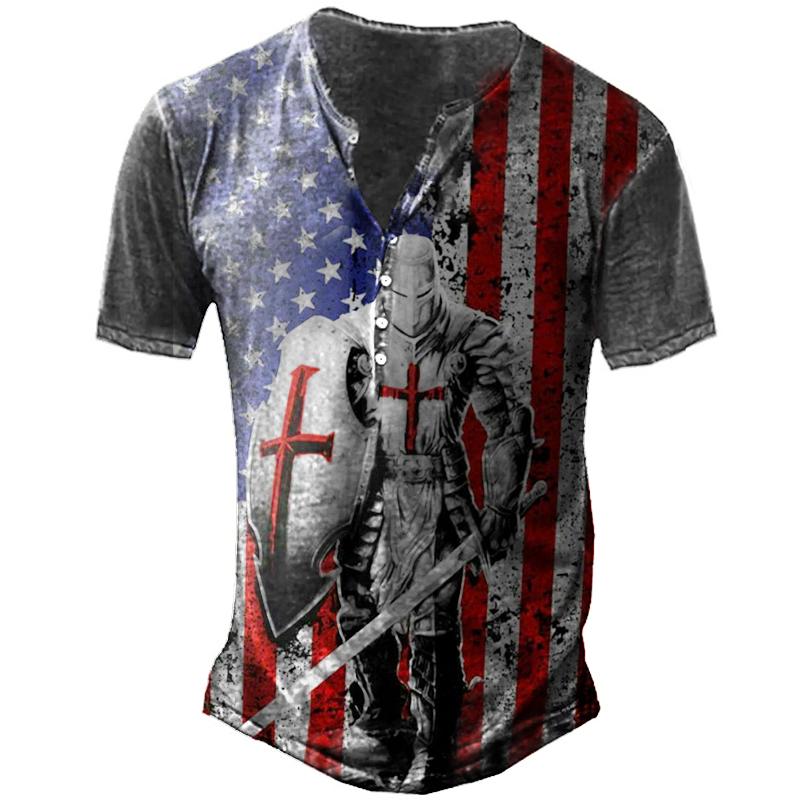 2023 Новая летняя модная футболка в винтажном стиле с коротким рукавом, мужские приталенные футболки с V-образным воротником и пуговицами, топы.