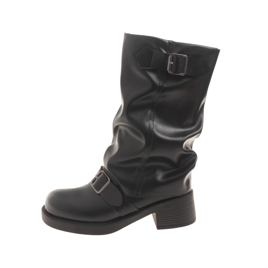 Модные рыцарские сапоги для женщин 2025 Осень Коричневые сапоги до середины икры из ПУ кожи Плиссированные с пряжкой Женские слипоны на толстом каблуке Сапоги для верховой езды Mujer