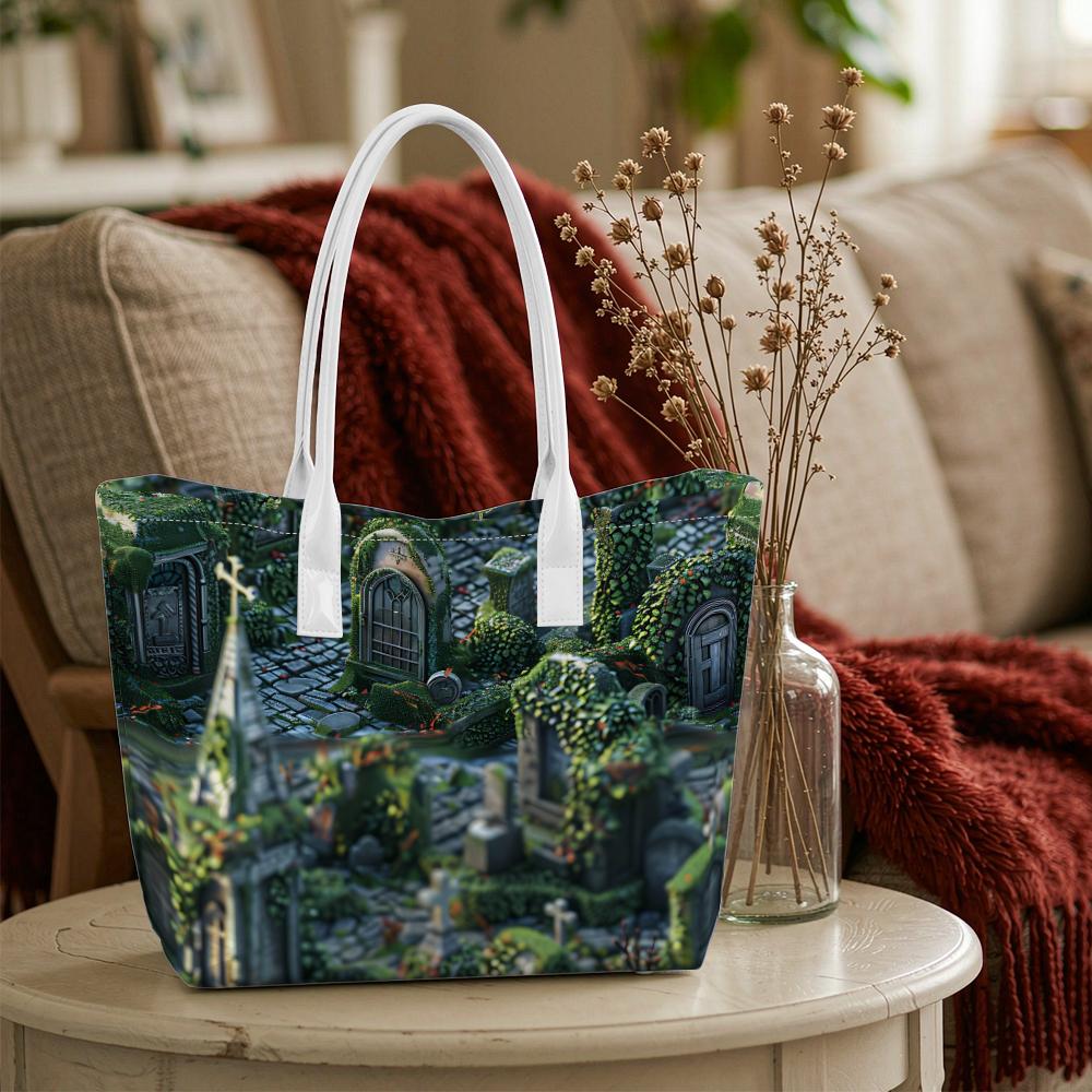Gothic Cemetery Print Tote Bag Daily Casual Large Capacity Shoulder Bag for Outdoor Shopping Travel