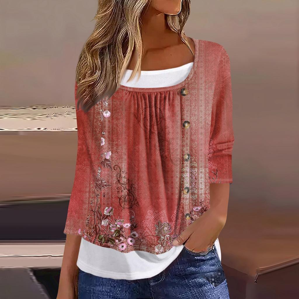 Women's T Shirt Tee Print 3/4 Sleeve Fake Two Pieces Daily Weekend Fashion Basic Regular Top