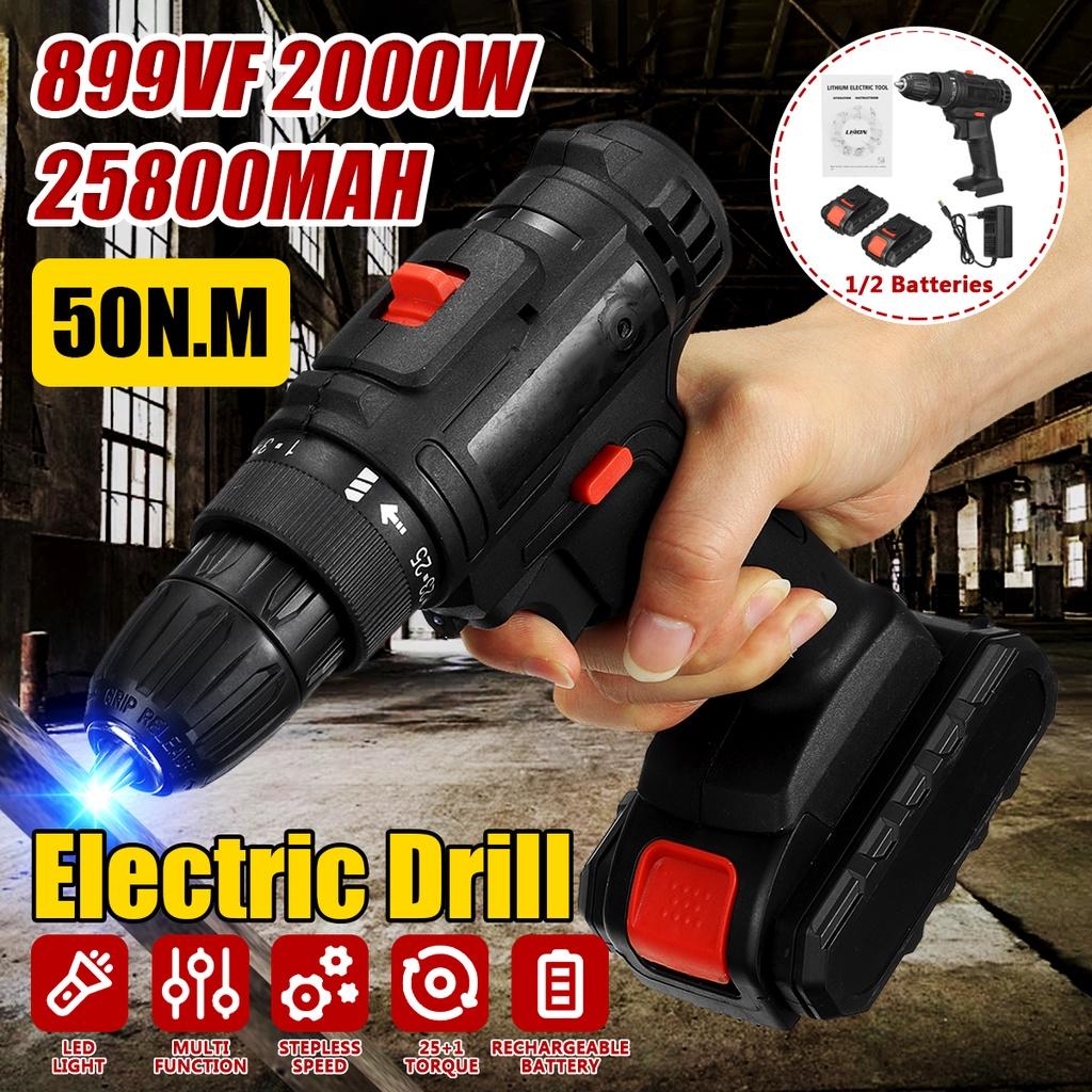 2000W 50N.m Cordless Electric Screwdriver Drill Hammer Variable Speed 3 In 1 Cordless Impact Drill with 2 Batteries