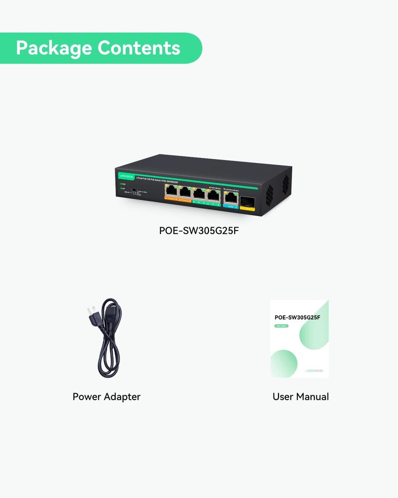 LINOVISION PoE 10G SFP Ports Maximum 45W Power 1 x RJ45 1 x 10G Total 100W Power for 7 and Workstations 4-Port 2.5GbE Switch, Uplink, 1-2 Supply, 2.5G