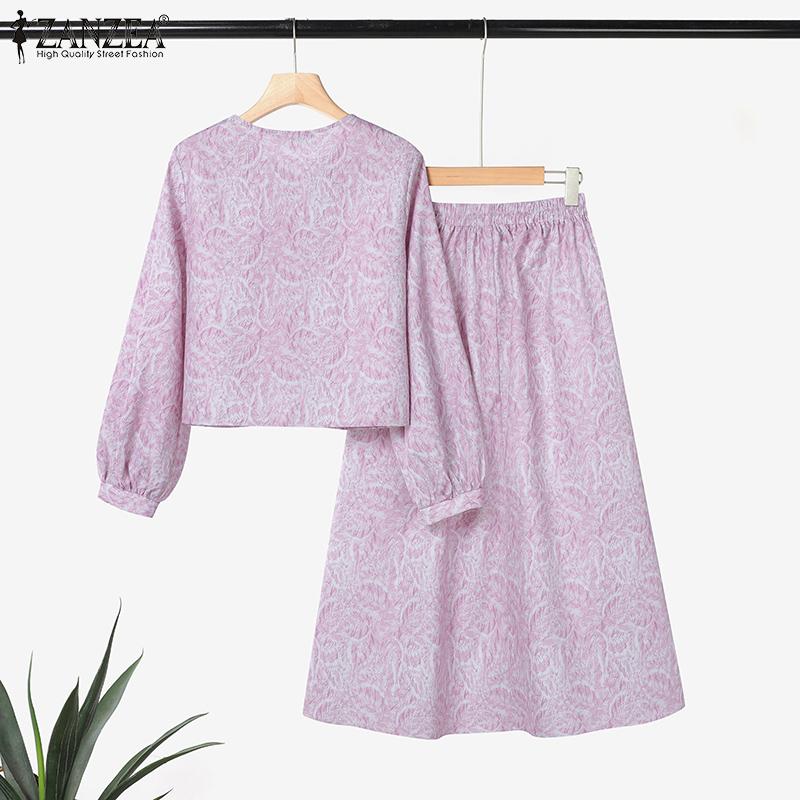 ZANZEA Women Long Sleeve Blouse and Long Skirts Print Casual Two Piece Suit Sets