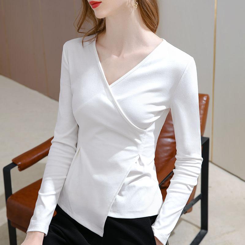 V -neck Base Shirt Women's Temperament Long -sleeved Long -sleeved T -shirt Irregular Design Sense Niche Top Elegant and Comfortable Women's T-Shirt