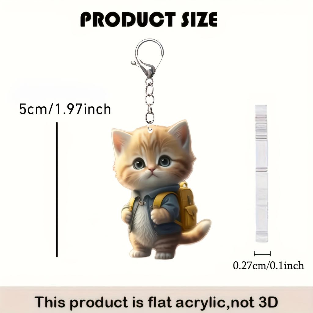 2D Плоский Акриловый Мультяшный Брелок Котик - Милый Дизайн в Голубой Куртке и с Желтым Рюкзаком, Кольцо-Застежка - Идеальный Пасхальный Подарок для Любителей Кошек