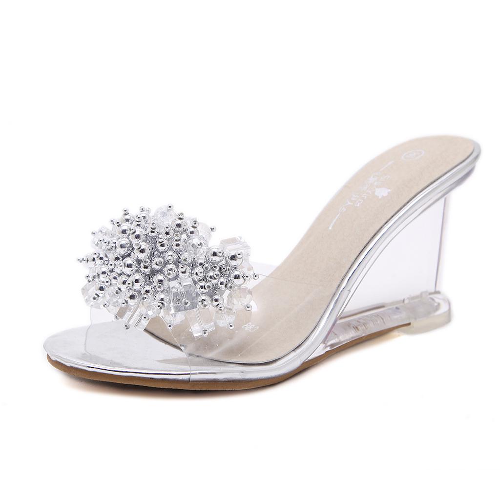 Women Slippers Sandals 8Cm Wedge High Heels Transparent Crystal Rhinestone Slippers