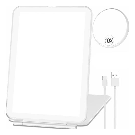 1 Set Makeup Mirror Stepless Dimming 10X Magnification Tricolor Light USB Charging Automatic Power Off Foldable Vanity Mirror Dormitory Supply