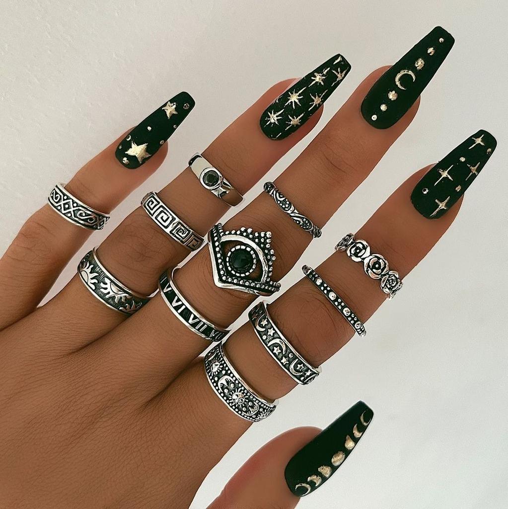 Ретро-кольцо с черным драгоценным камнем, комплект из 11 колец с цветком и звездой, простое кольцо в форме сердца, популярные женские украшения