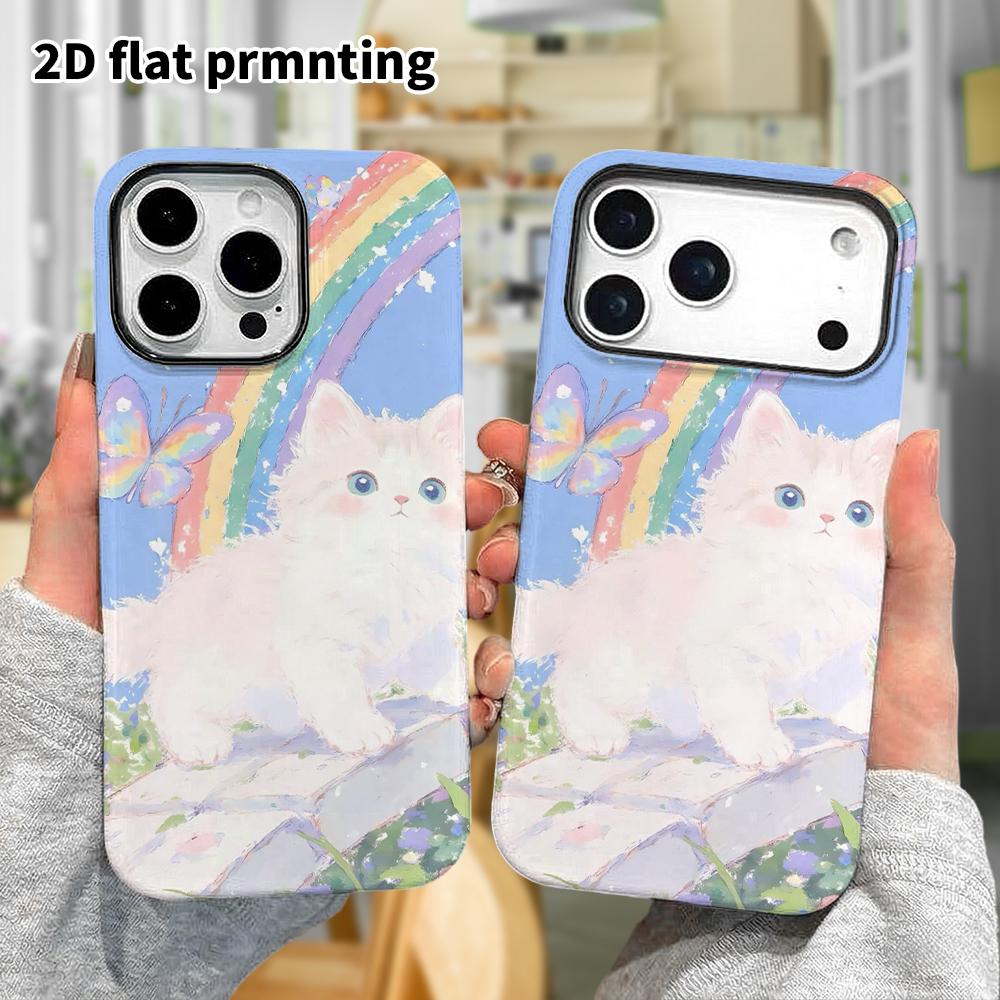 Phone Case: 2D flat Samsung Galaxy A34 A35 M05 M06 S20 S22 S21 FE Plus 5G protective case, rainbow little white cat, perfect Christmas and Halloween h