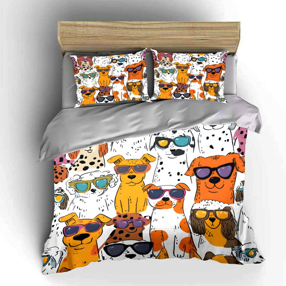 Colorful Dog Pattern Decor Set Bedding Set with 1 Duvet Cover 2 Pillowcases Single Double King Queen, Gift