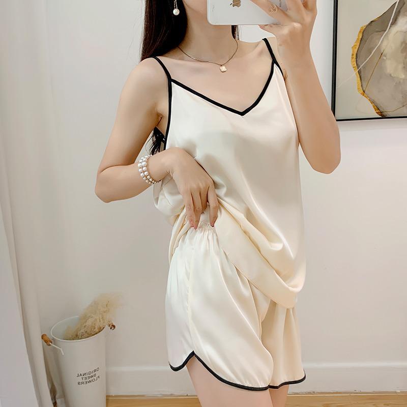 Женский летний пижамный комплект из ледяного шелка - Сексуальный, свободный топ-майка и шорты для повседневной или уличной носки