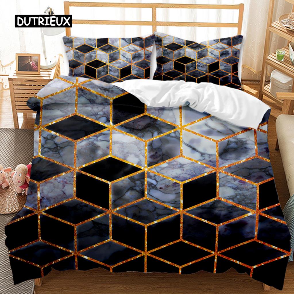 Комплект постельного белья из мрамора с черно-белой золотой абстрактной мраморной текстурой, напечатанный черно-белый двуспальный комплект постельного белья из полиэстера размера «king-size»