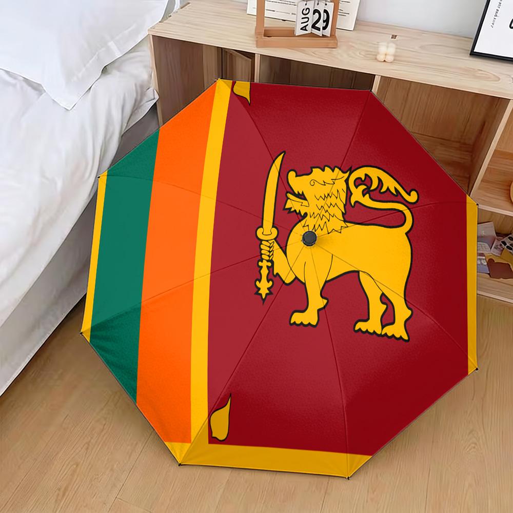 Sri Lanka National Flag Red with Golden Lion and Green Orange Stripes Print Auto Folding Umbrella Waterproof Windproof Compact T