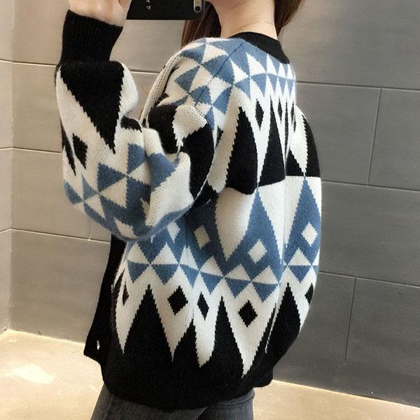 Vintage Spring Autumn Women's Color Block Checked Cardigan Sweater Loose  Short Knit  Jacket Coat