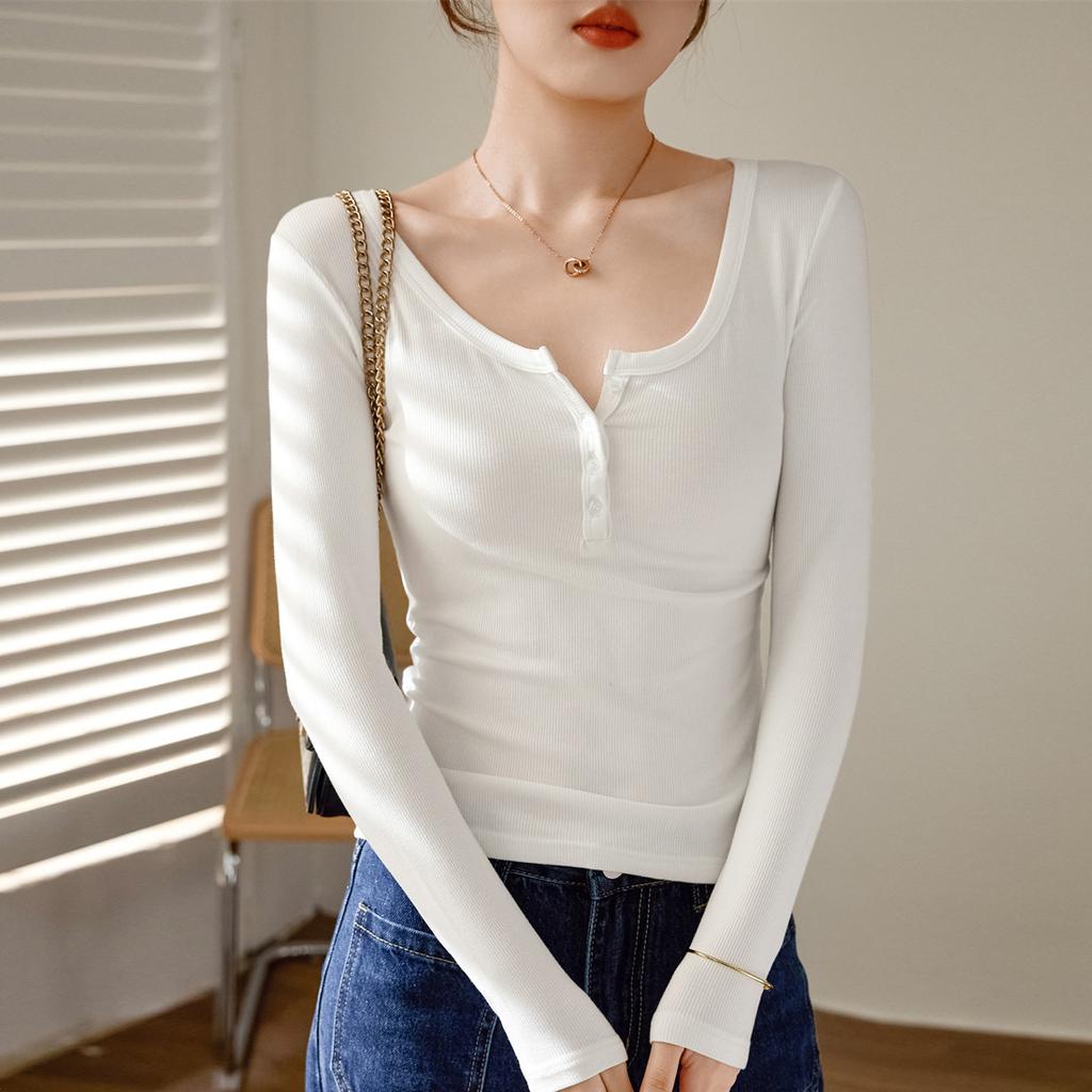 Spring Long Sleeved Slim Fit Base Shirt Button Down T-shirt Top For Women