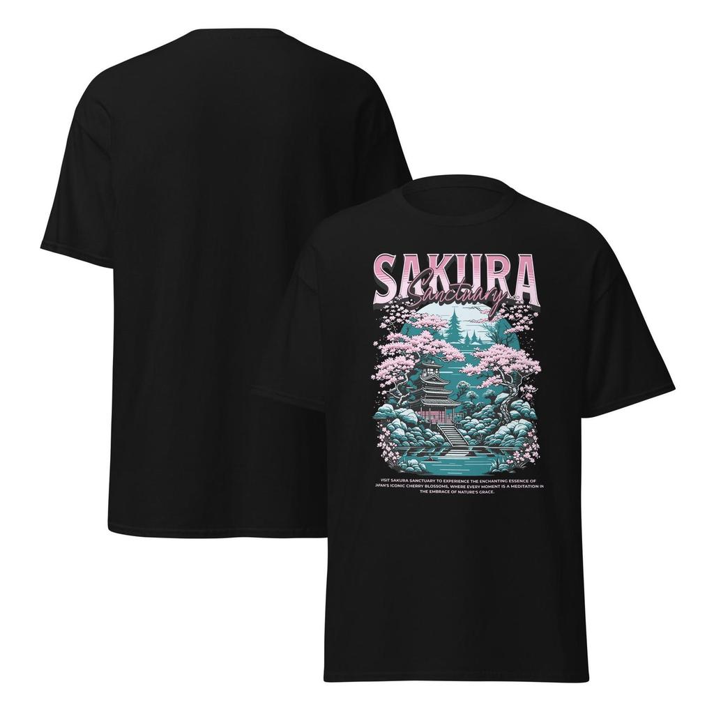 Sakura Sanctuary T-Shirt, Tranquil Japanese Garden Tee, Cherry Blossom Art Shirt, Unisex T-Shirt