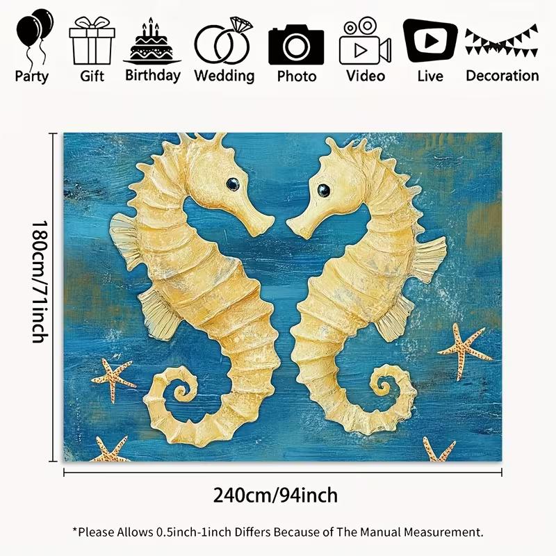 2D Vintage Nautical Seahorse Backdrop 2D Flat Print Blue Ocean Starfish Background