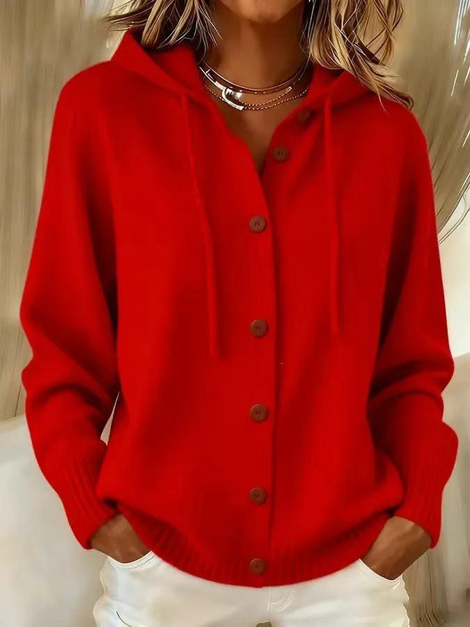 2026 Women's Button Knit Hooded Cardigan - Casual Solid Color Jacket for Autumn & Winter