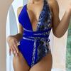 Deep V-neck Long Bandage Padded Sexy Monokini Women Snakeskin Patchwork Print